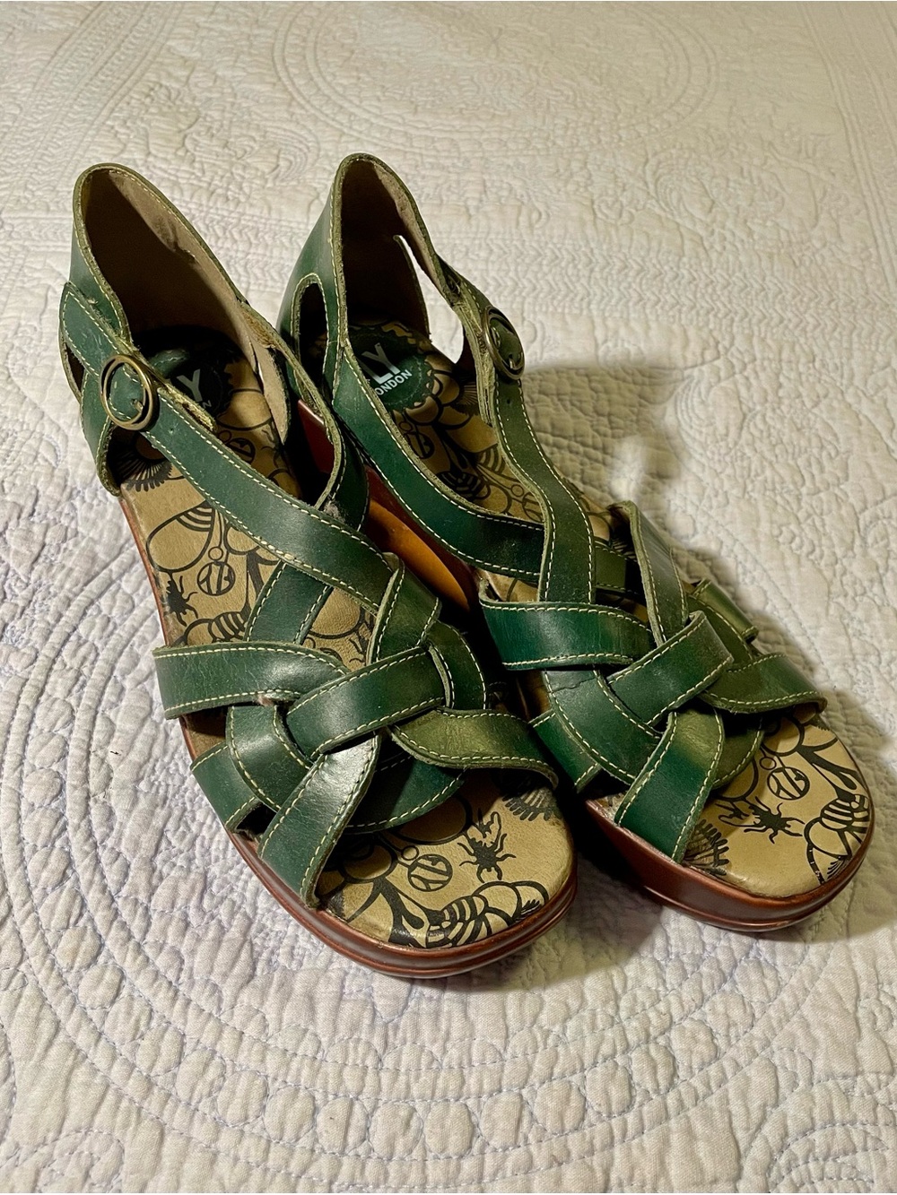 Fly London Green Women’s Leather Wedge Sandals - Strappy Comfort